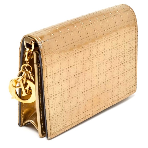 Dior Gold Micro Cannage Lady Dior Metallic Patent Leather Card Holder RARE - Picture 1 of 12